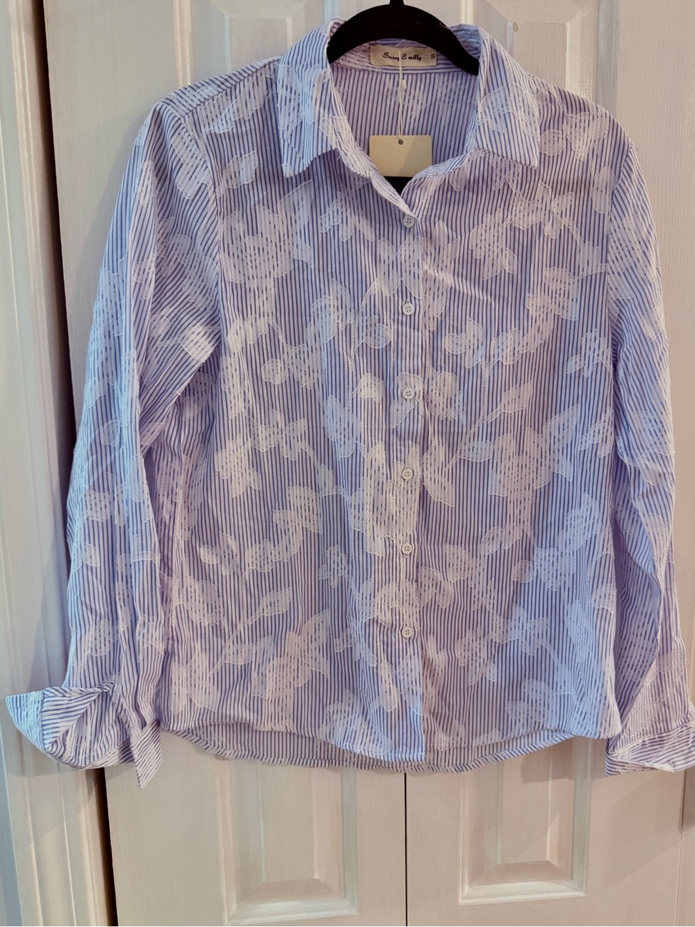 Blue Striped Button-Down Shirt with White Floral Overlay